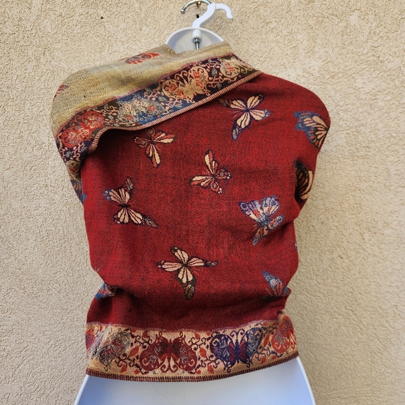 Butterfly Scarf Burgundy Beige Wrap Shawl Fringe 26 x 64 - Picture 7 of 7